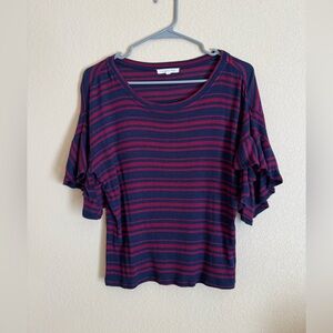 Navy and Burgundy Striped Ruffle Sleeve Tee